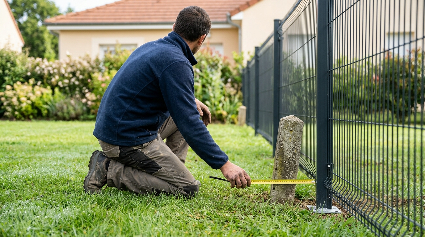 Mesure de distance au mètre ruban entre une clôture rigide grise et une borne de délimitation dans un jardin